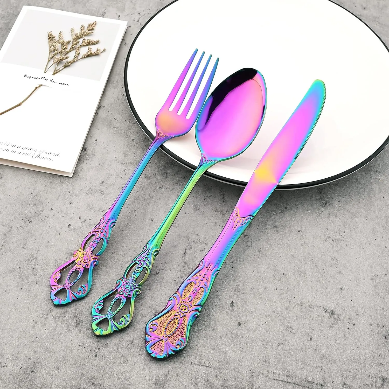 Mirror Polished Rainbow Silverware Set, 24-Piece 18/10 Stainless Steel Shiny Finish Flatware Service for 6, Kitchen Utensils, Tableware Cutlery for Home Restaurant, Dishwasher Safe