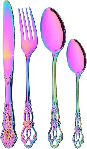 Mirror Polished Rainbow Silverware Set, 24-Piece 18/10 Stainless Steel Shiny Finish Flatware Service for 6, Kitchen Utensils, Tableware Cutlery for Home Restaurant, Dishwasher Safe
