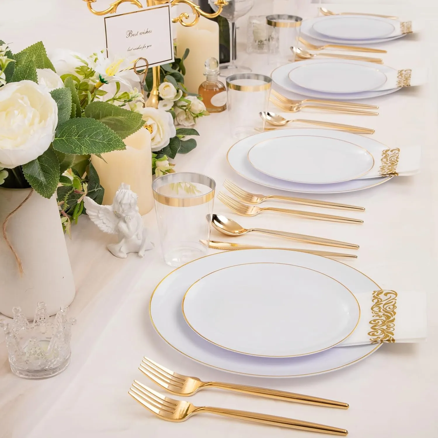 MirthMood 210Pcs Gold Dinnerware Sets, Gold and White Plastic Party Plates, Includes:30 Dinner Plates, 30 Dessert Plates, 30 Paper Towels with 90 Silverware & 30 9oz Cups