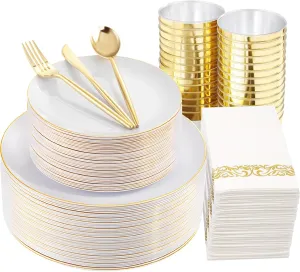 MirthMood 210Pcs Gold Dinnerware Sets, Gold and White Plastic Party Plates, Includes:30 Dinner Plates, 30 Dessert Plates, 30 Paper Towels with 90 Silverware & 30 9oz Cups