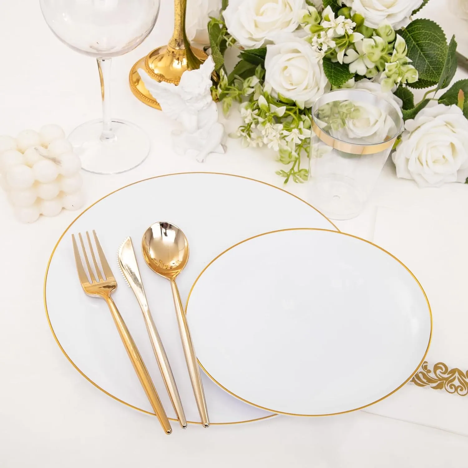 MirthMood 210Pcs Gold Dinnerware Sets, Gold and White Plastic Party Plates, Includes:30 Dinner Plates, 30 Dessert Plates, 30 Paper Towels with 90 Silverware & 30 9oz Cups