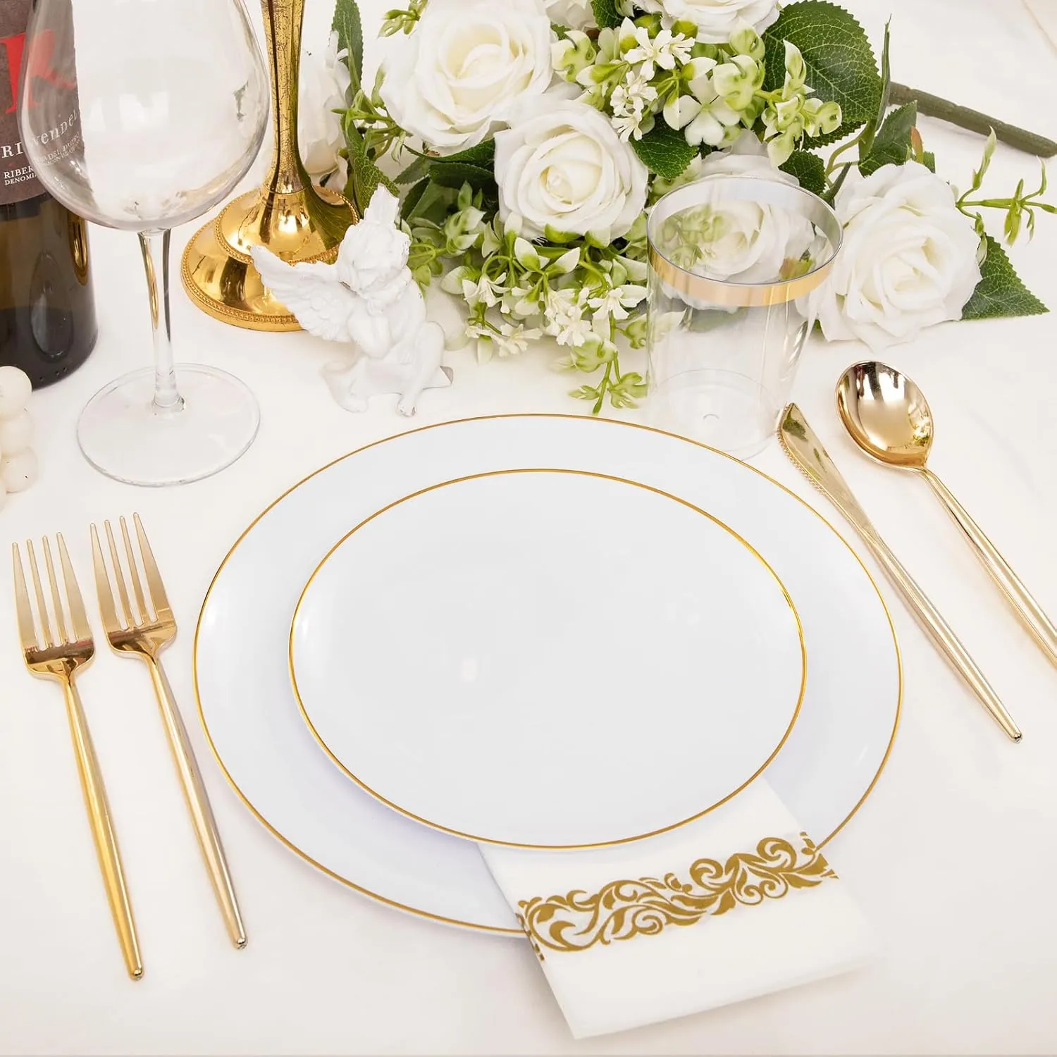MirthMood 210Pcs Gold Dinnerware Sets, Gold and White Plastic Party Plates, Includes:30 Dinner Plates, 30 Dessert Plates, 30 Paper Towels with 90 Silverware & 30 9oz Cups