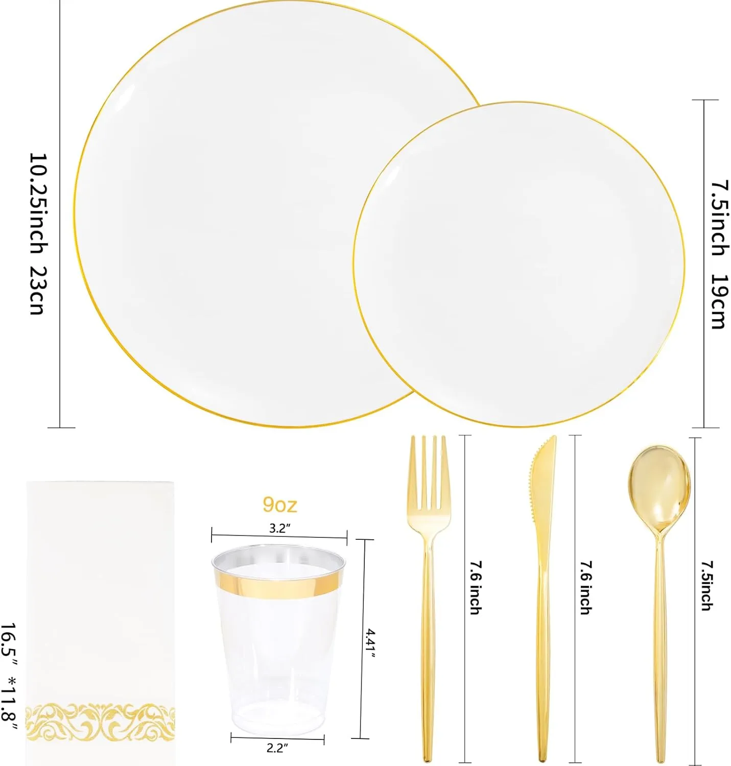 MirthMood 210Pcs Gold Dinnerware Sets, Gold and White Plastic Party Plates, Includes:30 Dinner Plates, 30 Dessert Plates, 30 Paper Towels with 90 Silverware & 30 9oz Cups