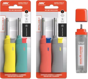 MK Lighter 4PCS Candle Lighters With 1PC Premium Butane Set, Random Colors, Windproof Flame, Ideal for Candle, BBQ, Refillable (Tone-4PC 1Butane)