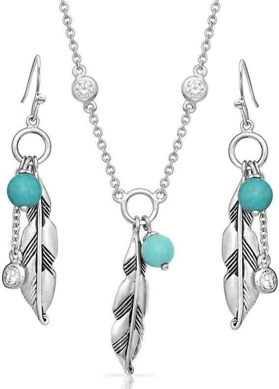 Montana Silversmiths Women's Charming Feather And Turquoise Jewelry Set Silver One Size