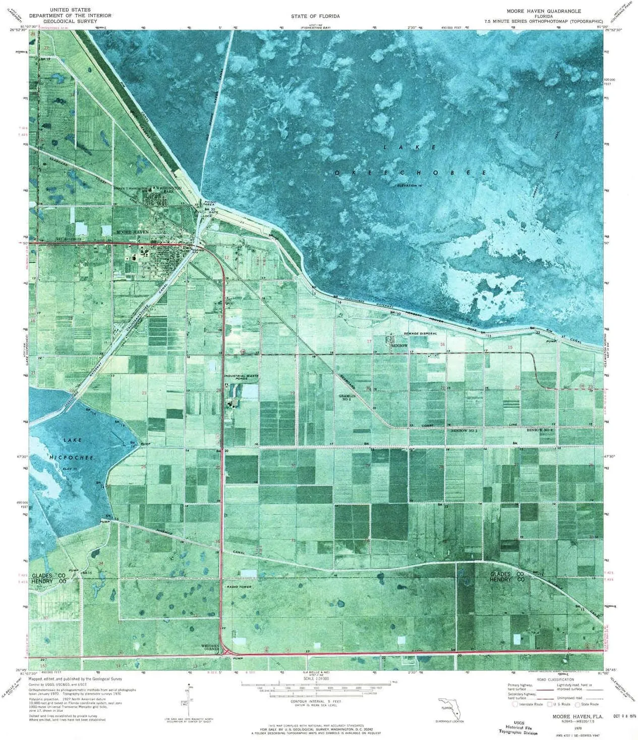 Moore Haven FL topo map, 1:24000 Scale, 7.5 X 7.5 Minute, Historical, 1970, Updated 1976, 26.8 x 24 in