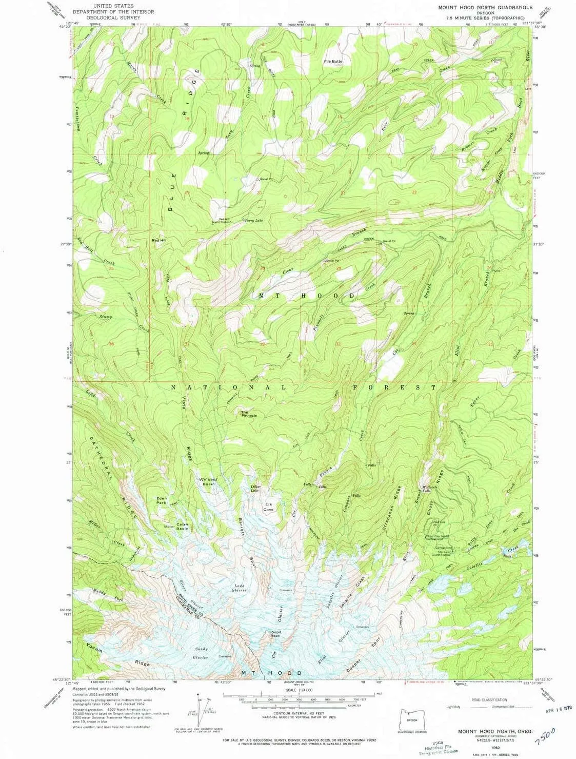 Mount Hood North OR topo map, 1:24000 Scale, 7.5 X 7.5 Minute, Historical, 1962, Updated 1979, 26.9 x 22 in