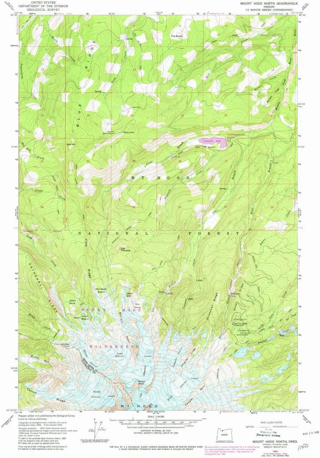 Mount Hood North OR topo map, 1:24000 Scale, 7.5 X 7.5 Minute, Historical, 1962, Updated 1980, 26.9 x 22 in
