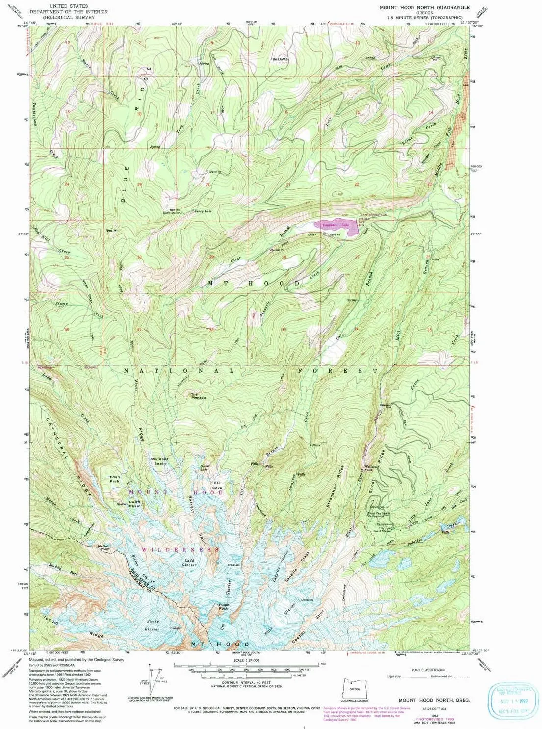 Mount Hood North OR topo map, 1:24000 Scale, 7.5 X 7.5 Minute, Historical, 1962, Updated 1992, 26.8 x 21.9 in