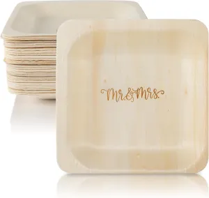 Mr. and Mrs. Disposable Wedding Plates – Rustic, Compostable Alternative to Plastic Plates for Wedding Receptions, Engagement Parties, and Rehearsal Dinners (Appetizer, 50-Pack)