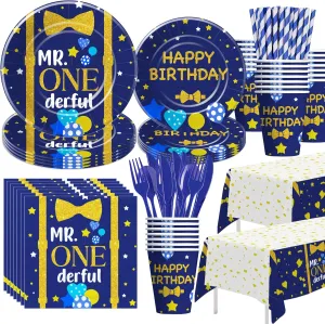 Mr Onederful First Birthday Decorations Tableware Boy, Baby Boy Onederful 1st Birthday Party Supplies, Paper Plate, Cup, Napkin, Tablecloth, Cutlery | Serves 24