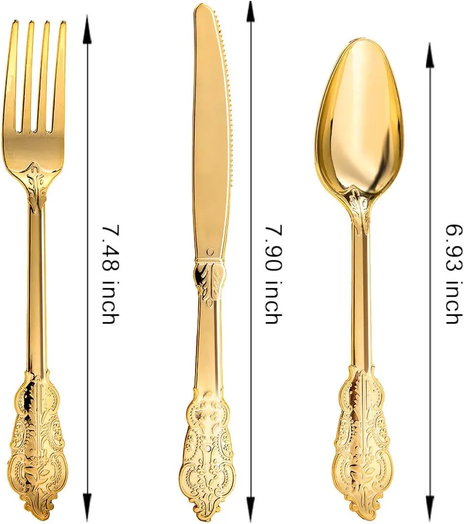 N9R 300pcs Gold Plastic Silverware Dinnerware Flatware- Heavyweight Plastic Cutlery Set, 100 Forks, 100 Spoons, 100 Knives, Gold Utensils for Party, Thanksgiving, Christmas