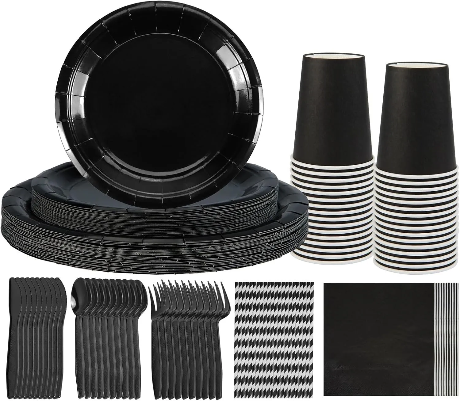 NASUN Party Tableware Set 192 Pieces For 24 Guests Party Decoration Dinnerware Kit Includes 24 Biodegradable Plates, Forks, Knives,Cups, Napkins, Straws and Spoons for Brithday Party Solid Black