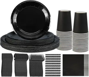 NASUN Party Tableware Set 192 Pieces For 24 Guests Party Decoration Dinnerware Kit Includes 24 Biodegradable Plates, Forks, Knives,Cups, Napkins, Straws and Spoons for Brithday Party Solid Black