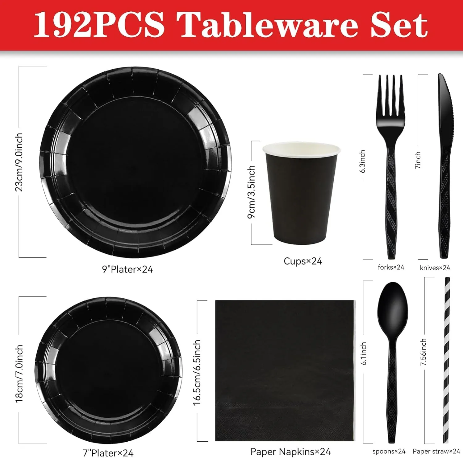 NASUN Party Tableware Set 192 Pieces For 24 Guests Party Decoration Dinnerware Kit Includes 24 Biodegradable Plates, Forks, Knives,Cups, Napkins, Straws and Spoons for Brithday Party Solid Black