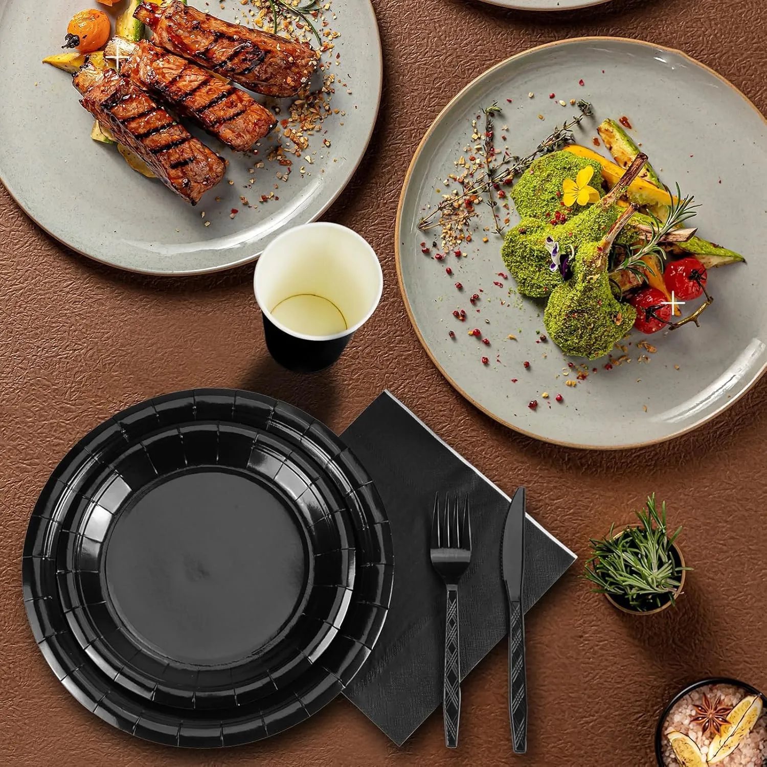 NASUN Party Tableware Set 192 Pieces For 24 Guests Party Decoration Dinnerware Kit Includes 24 Biodegradable Plates, Forks, Knives,Cups, Napkins, Straws and Spoons for Brithday Party Solid Black