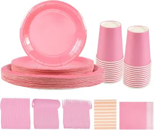 NASUN Party Tableware Set 192 Pieces For 24 Guests Party Decoration Dinnerware Kit Includes 24 Biodegradable Plates, Forks, Knives,Cups, Napkins, Straws and Spoons for Brithday Party Solid Pink