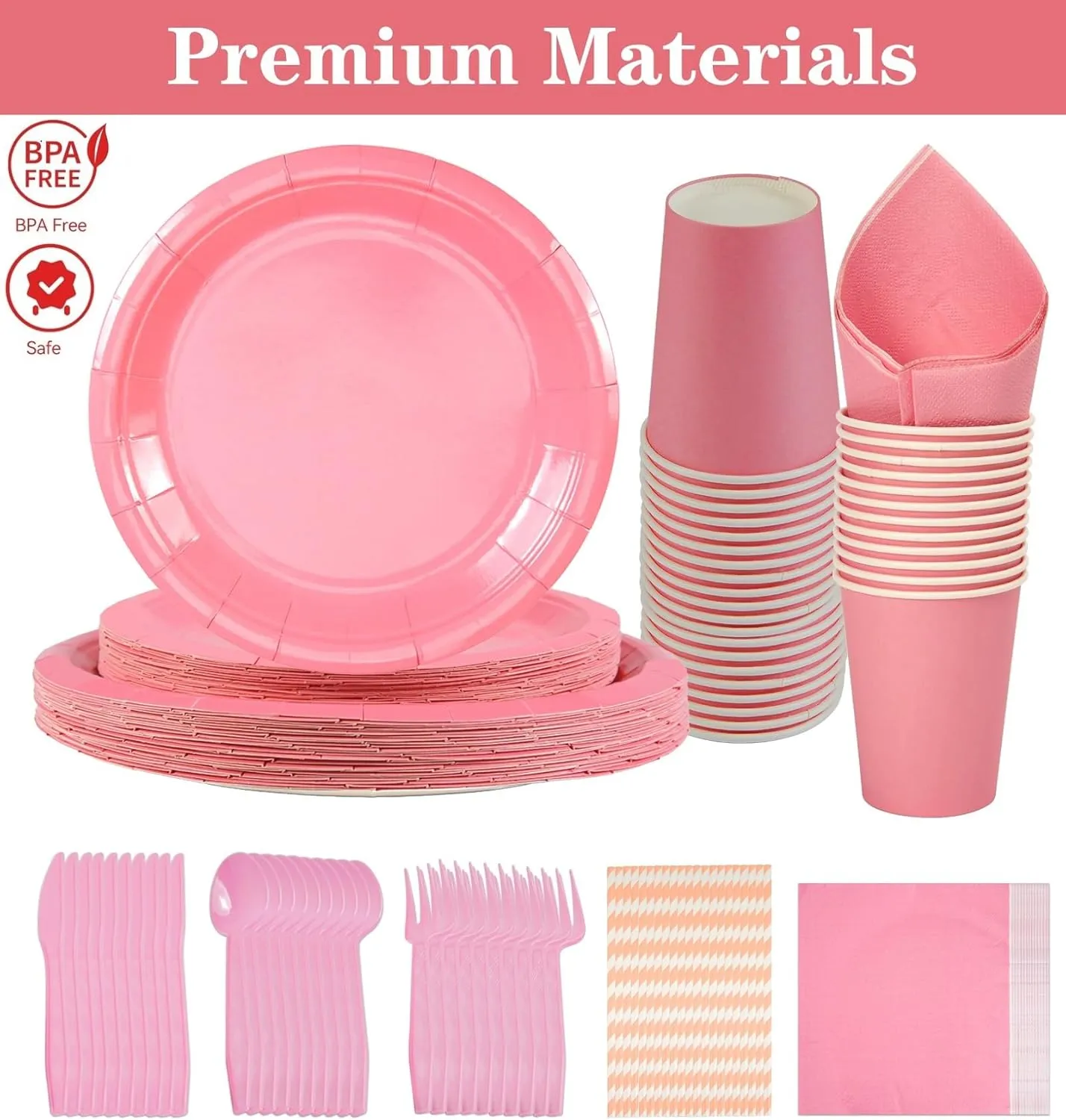 NASUN Party Tableware Set 192 Pieces For 24 Guests Party Decoration Dinnerware Kit Includes 24 Biodegradable Plates, Forks, Knives,Cups, Napkins, Straws and Spoons for Brithday Party Solid Pink