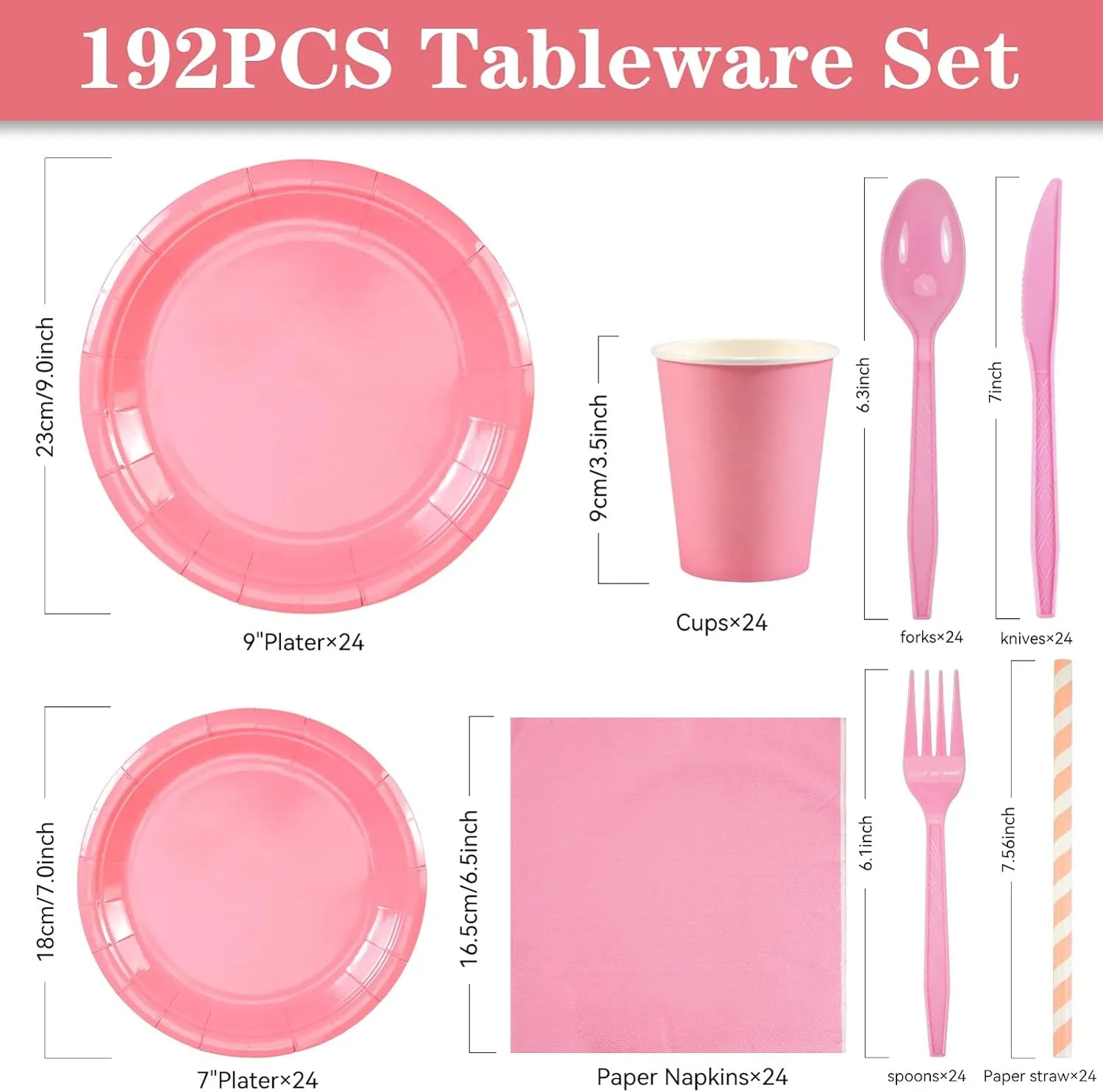 NASUN Party Tableware Set 192 Pieces For 24 Guests Party Decoration Dinnerware Kit Includes 24 Biodegradable Plates, Forks, Knives,Cups, Napkins, Straws and Spoons for Brithday Party Solid Pink