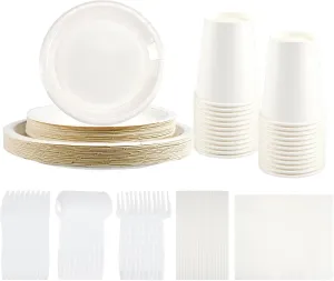 NASUN Party Tableware Set 192 Pieces For 24 Guests Party Decoration Dinnerware Kit Includes 24 Biodegradable Plates, Forks, Knives,Cups, Napkins, Straws and Spoons for Brithday Party Solid White