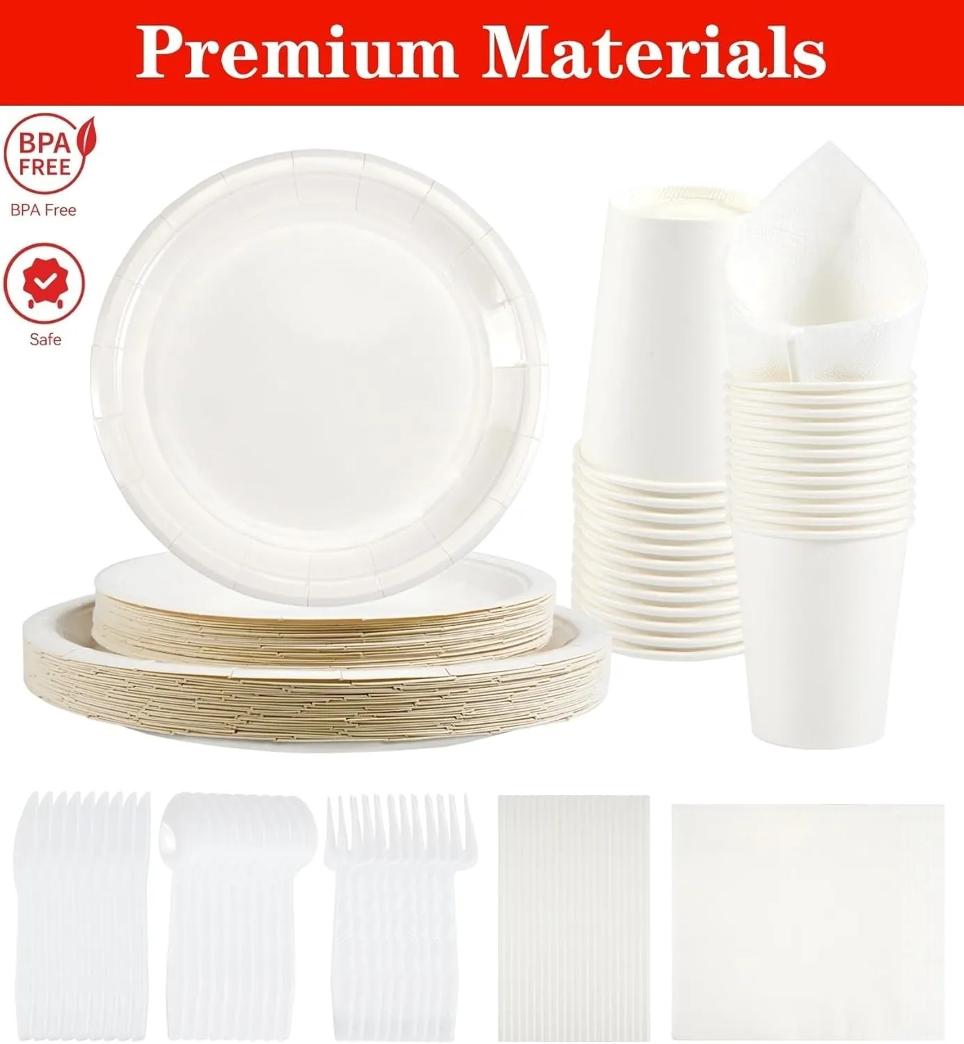 NASUN Party Tableware Set 192 Pieces For 24 Guests Party Decoration Dinnerware Kit Includes 24 Biodegradable Plates, Forks, Knives,Cups, Napkins, Straws and Spoons for Brithday Party Solid White