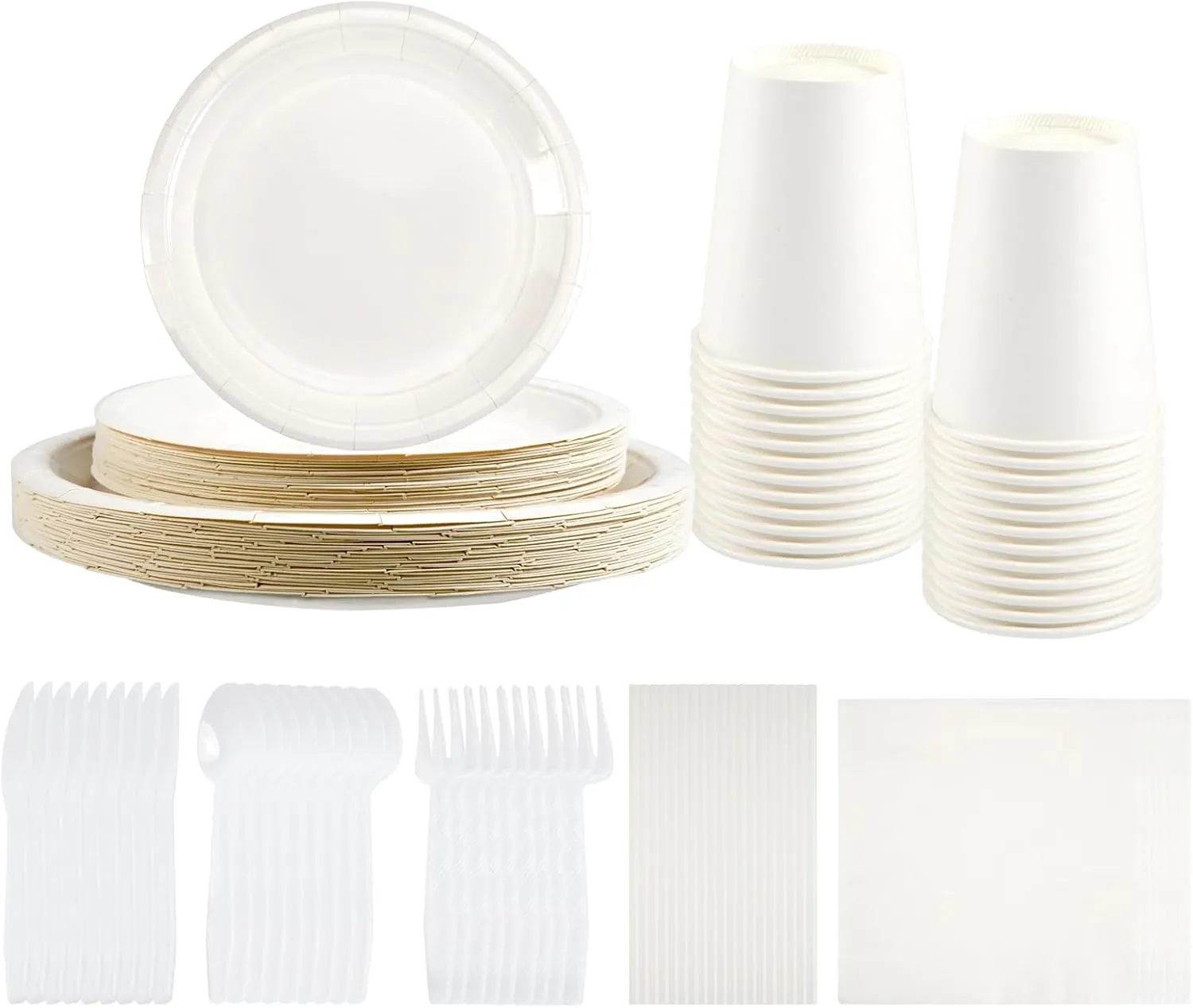 NASUN Party Tableware Set 192 Pieces For 24 Guests Party Decoration Dinnerware Kit Includes 24 Biodegradable Plates, Forks, Knives,Cups, Napkins, Straws and Spoons for Brithday Party Solid White