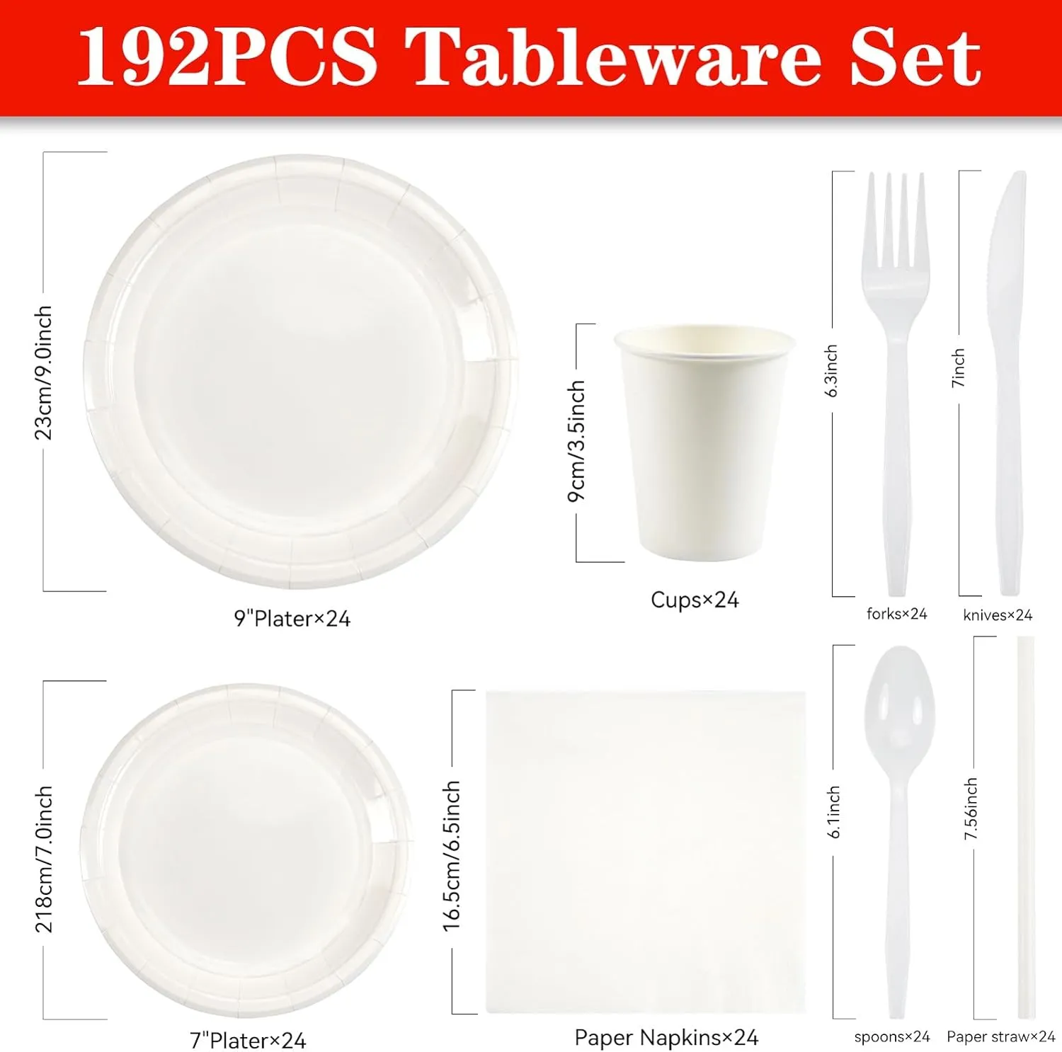 NASUN Party Tableware Set 192 Pieces For 24 Guests Party Decoration Dinnerware Kit Includes 24 Biodegradable Plates, Forks, Knives,Cups, Napkins, Straws and Spoons for Brithday Party Solid White