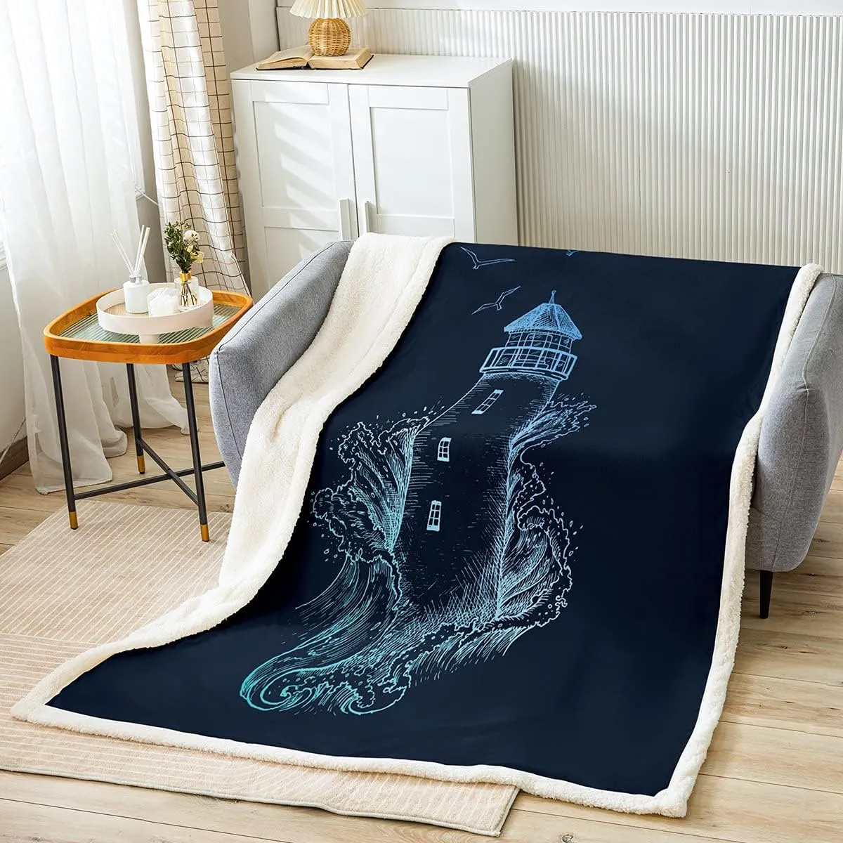 Nautical Lighthouse Fleece Blanket, Sea Wave Splash Spray Flying Birds Ocean Navigation Theme Hand Drawn Sherpa Blanket,Decorative Sofa Blanket Throw Lightweight, Throw 50"x60", Blue Black