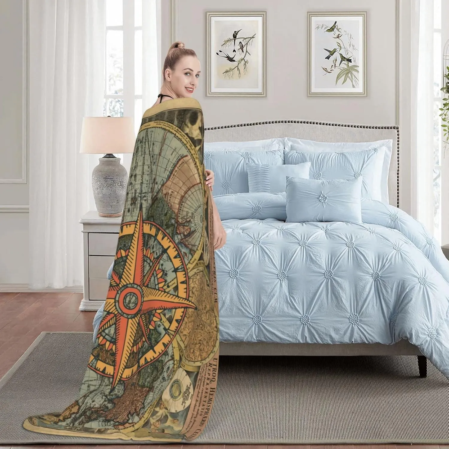 Nautical Old Map Vintage Compass Soft Throw Blanket All Season Microplush Thick Warm Blankets Tufted Fuzzy Flannel Throws Blanket for Bed Sofa Couch 60"x50"