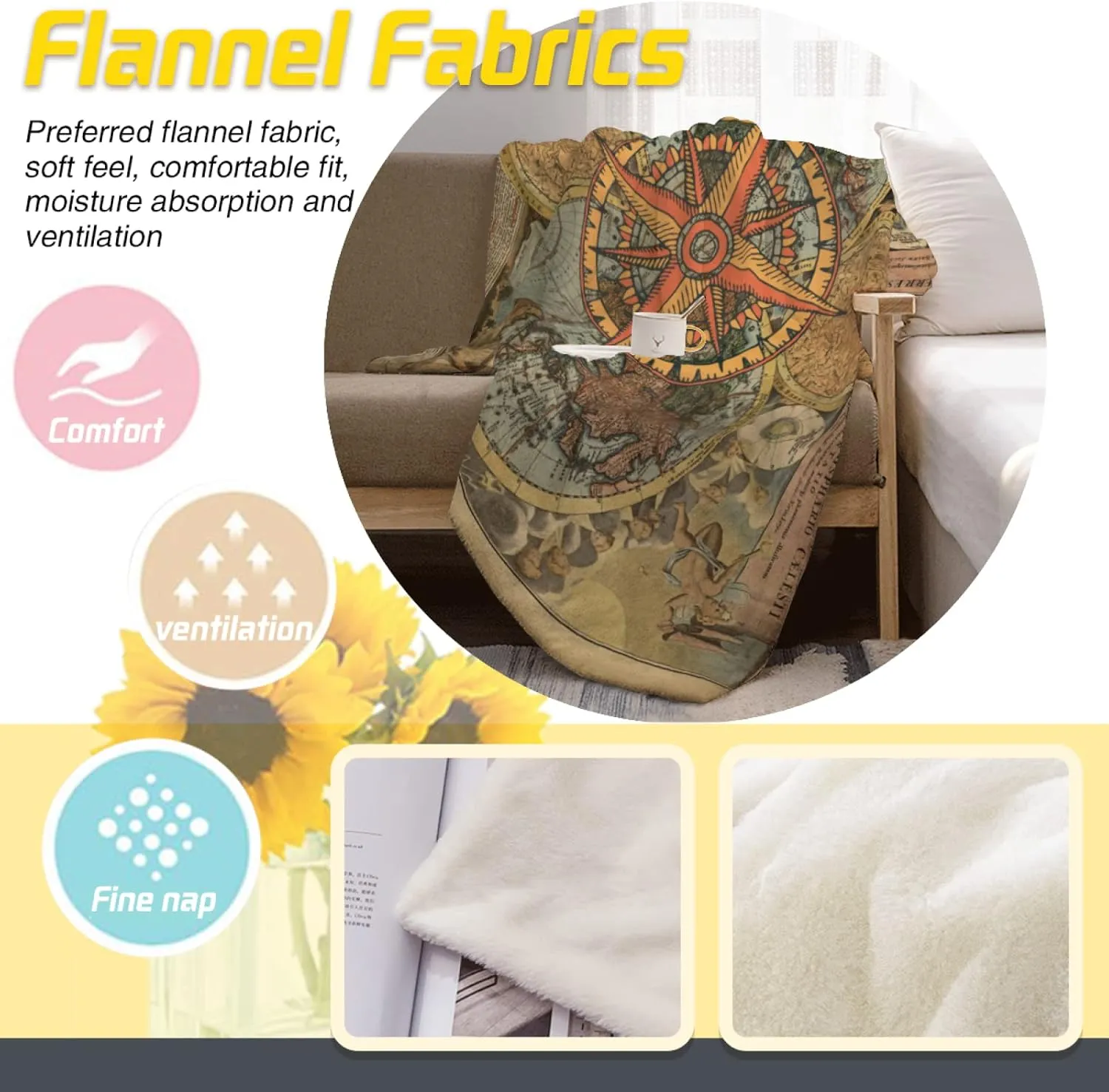 Nautical Old Map Vintage Compass Soft Throw Blanket All Season Microplush Thick Warm Blankets Tufted Fuzzy Flannel Throws Blanket for Bed Sofa Couch 60"x50"