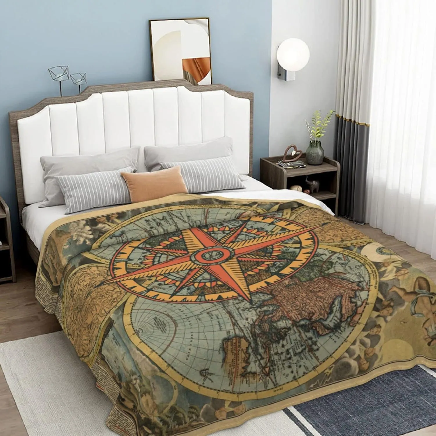 Nautical Old Map Vintage Compass Soft Throw Blanket All Season Microplush Thick Warm Blankets Tufted Fuzzy Flannel Throws Blanket for Bed Sofa Couch 60"x50"