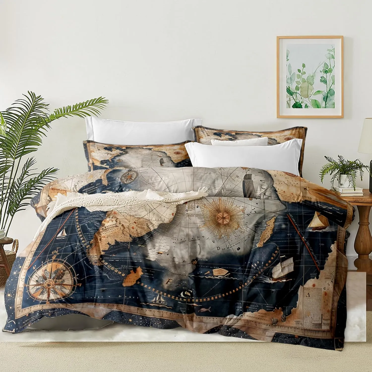 Navigation Compass Comforter Set Queen, 3pcs World Map Soft Bedding Set for Women Girls, Lightweight Down Alternative Comforter with 2 Matching Pillowcases/Great Bedroom Decor (90" X 90")