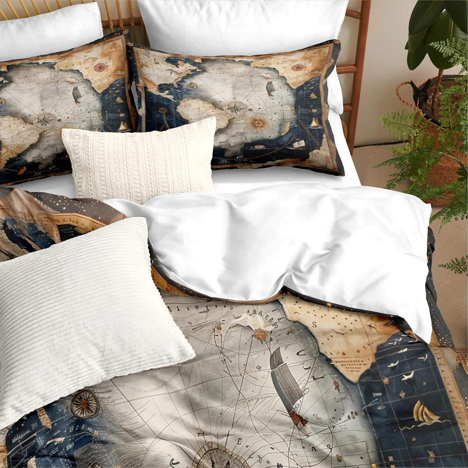 Navigation Compass Comforter Set Queen, 3pcs World Map Soft Bedding Set for Women Girls, Lightweight Down Alternative Comforter with 2 Matching Pillowcases/Great Bedroom Decor (90" X 90")