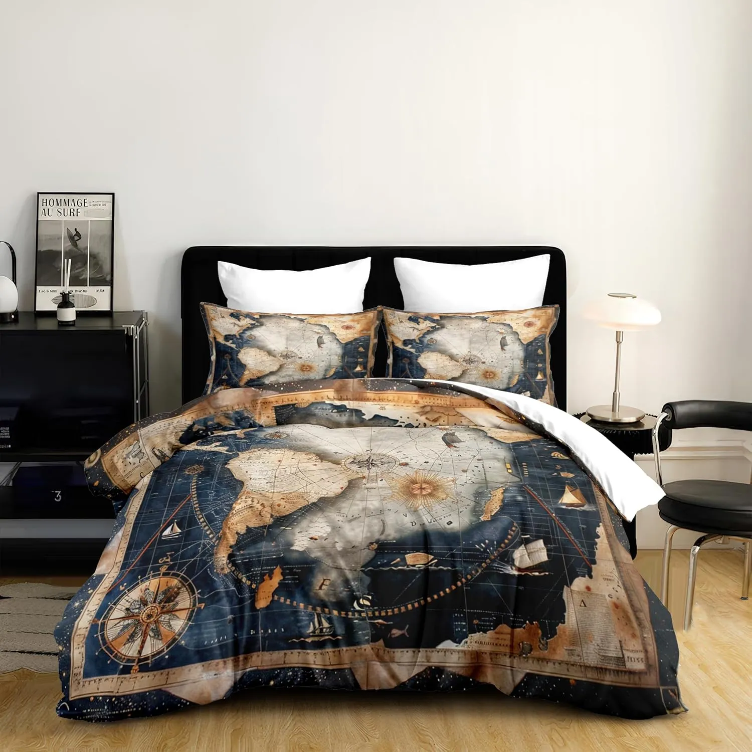 Navigation Compass Comforter Set Queen, 3pcs World Map Soft Bedding Set for Women Girls, Lightweight Down Alternative Comforter with 2 Matching Pillowcases/Great Bedroom Decor (90" X 90")