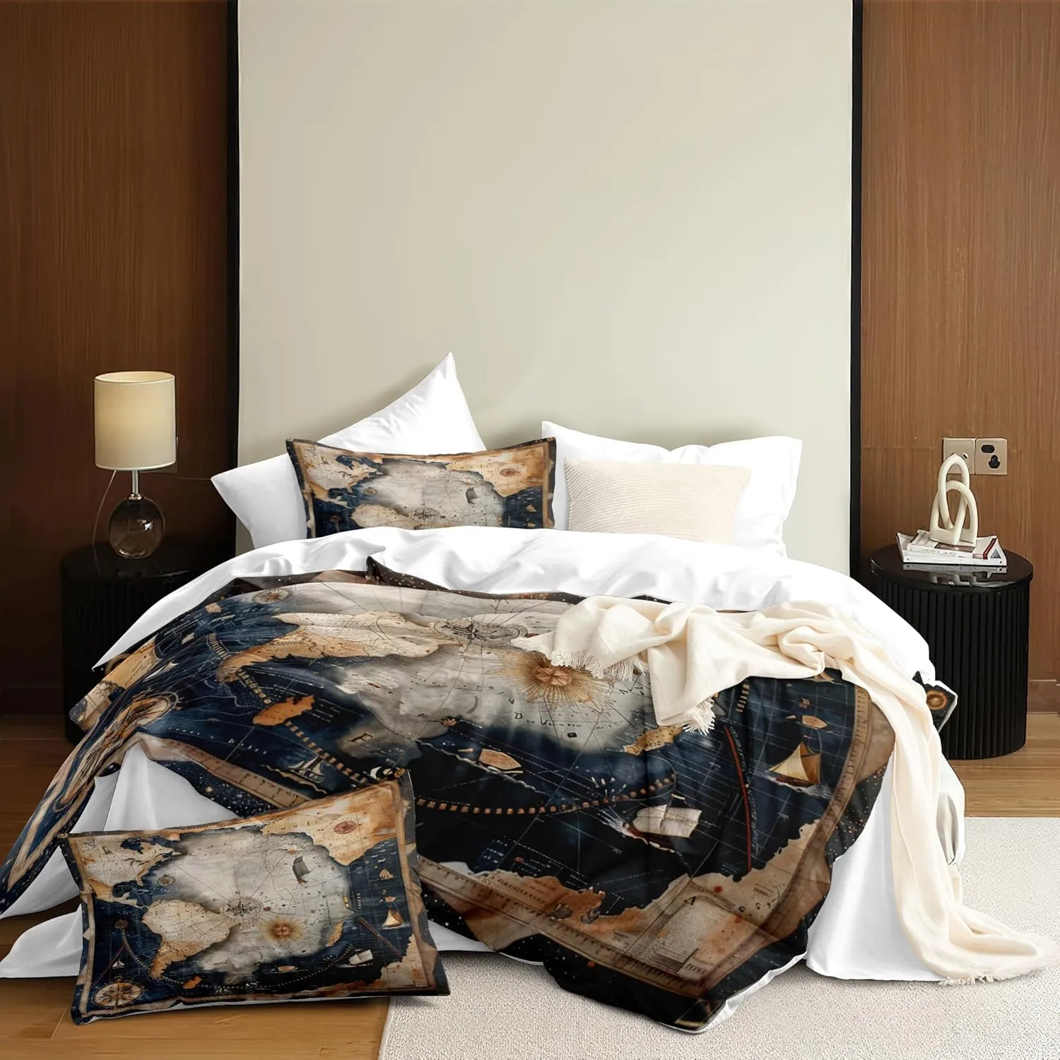 Navigation Compass Comforter Set Queen, 3pcs World Map Soft Bedding Set for Women Girls, Lightweight Down Alternative Comforter with 2 Matching Pillowcases/Great Bedroom Decor (90" X 90")