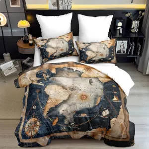 Navigation Compass Comforter Set Queen, 3pcs World Map Soft Bedding Set for Women Girls, Lightweight Down Alternative Comforter with 2 Matching Pillowcases/Great Bedroom Decor (90" X 90")