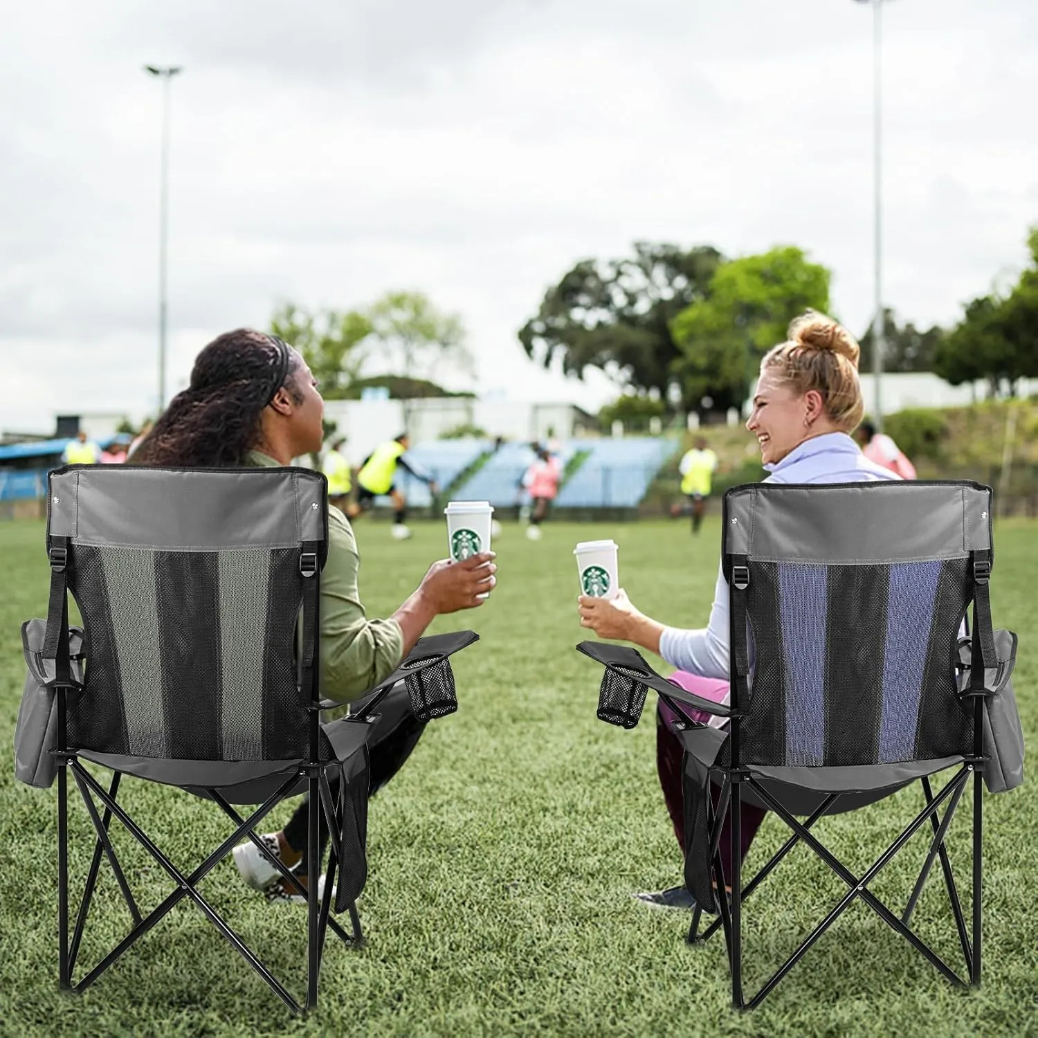 Nazhura 2 Pack Outdoor Camping Chairs Folding/Foldable/Portable with Cooler Pouch, Mesh Backrest and Cup Holder Pocket(Grey, 2 Pack)