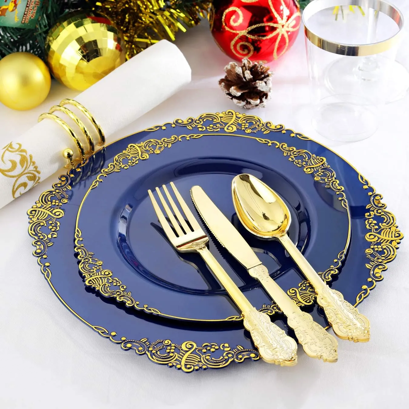 Nervure 175PCS Blue Plastic Plates - Blue Gold Plastic Dinnerware Set Disposable Include 50 Plates for Dinner and Dessert, 25Knives, 25Spoons, 25Forks, 25Cups, 25Napkins for Weddings & Father's Day