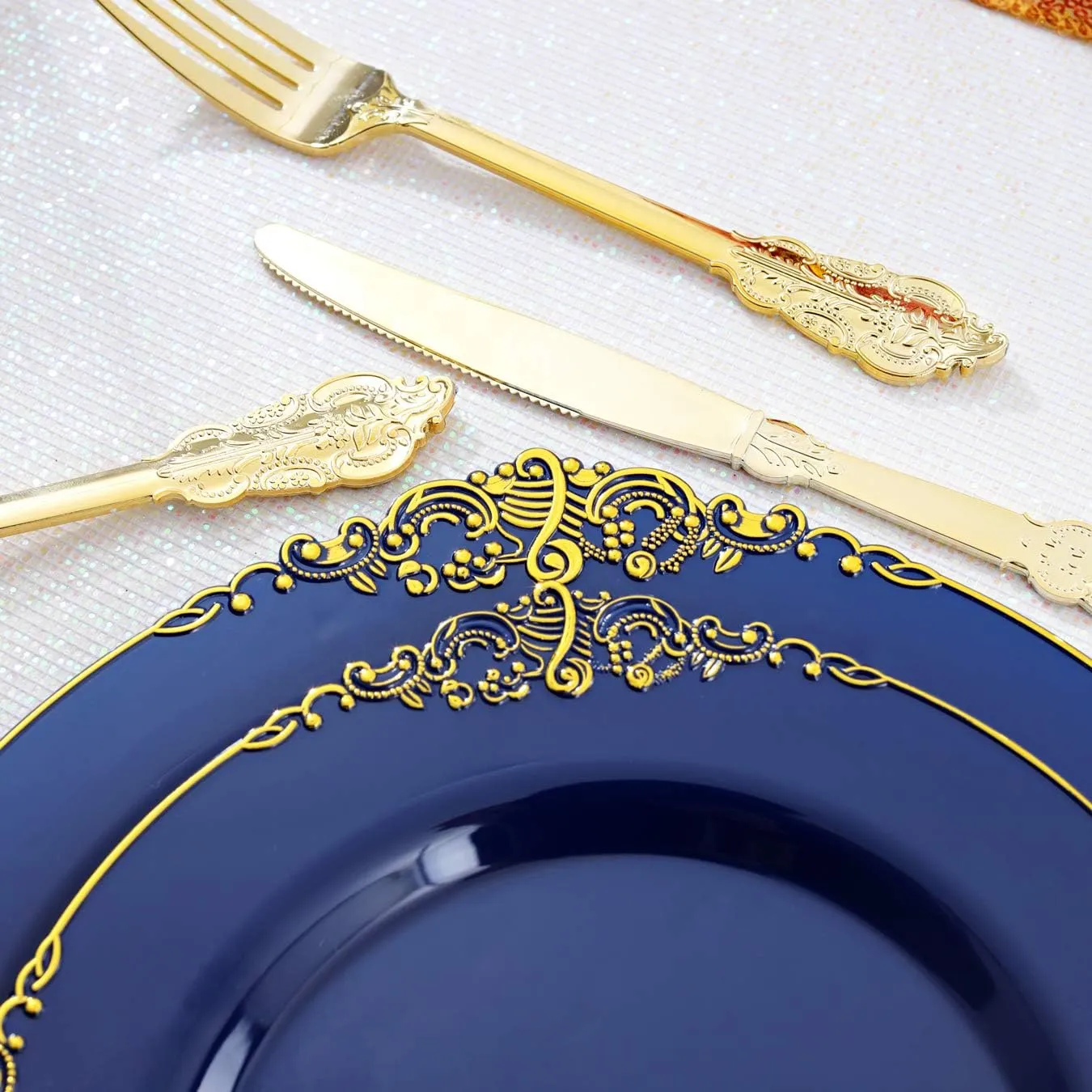 Nervure 175PCS Blue Plastic Plates - Blue Gold Plastic Dinnerware Set Disposable Include 50 Plates for Dinner and Dessert, 25Knives, 25Spoons, 25Forks, 25Cups, 25Napkins for Weddings & Father's Day