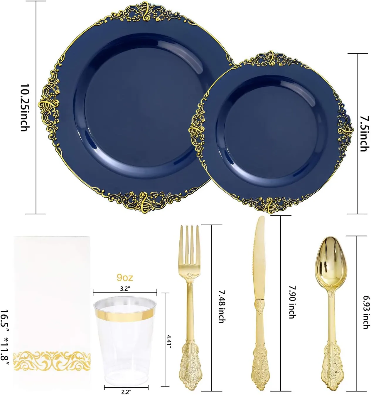 Nervure 175PCS Blue Plastic Plates - Blue Gold Plastic Dinnerware Set Disposable Include 50 Plates for Dinner and Dessert, 25Knives, 25Spoons, 25Forks, 25Cups, 25Napkins for Weddings & Father's Day