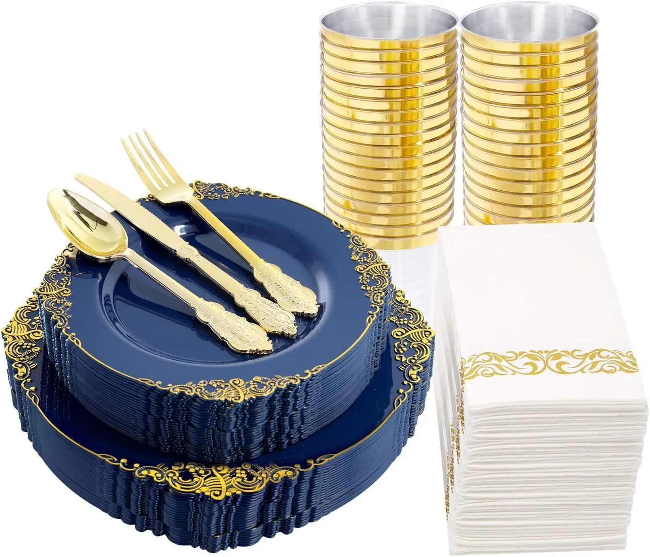 Nervure 175PCS Blue Plastic Plates - Blue Gold Plastic Dinnerware Set Disposable Include 50 Plates for Dinner and Dessert, 25Knives, 25Spoons, 25Forks, 25Cups, 25Napkins for Weddings & Father's Day