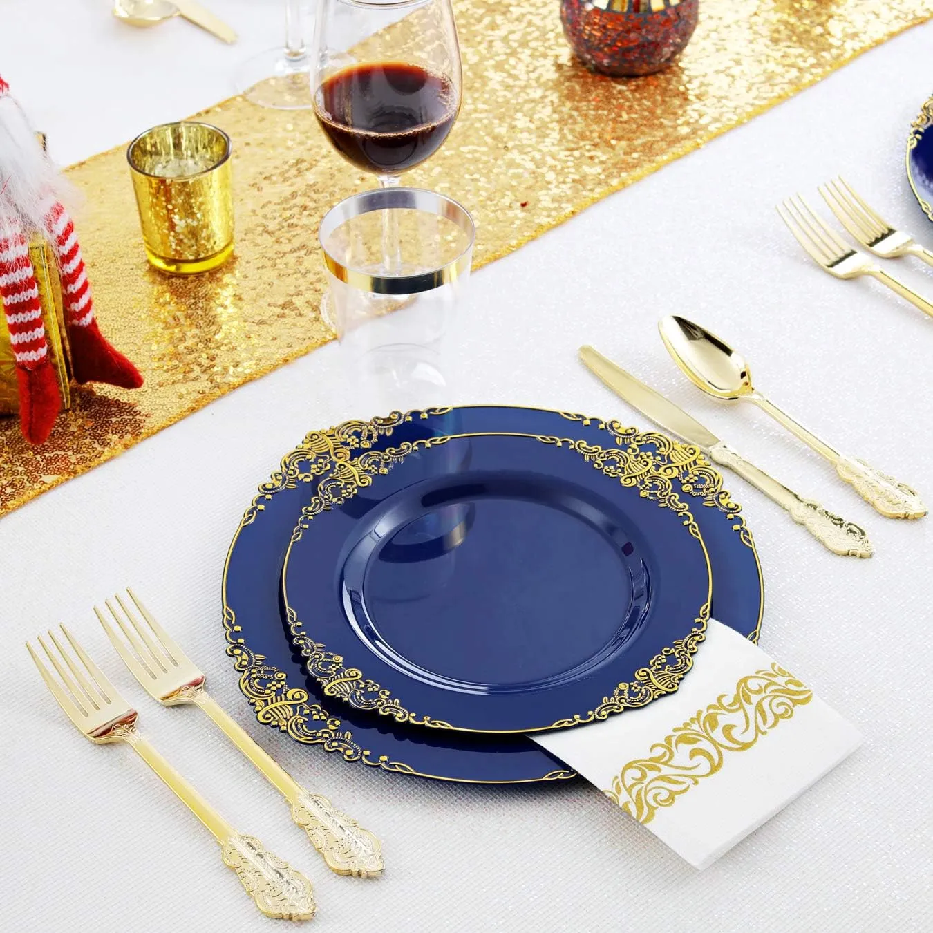 Nervure 175PCS Blue Plastic Plates - Blue Gold Plastic Dinnerware Set Disposable Include 50 Plates for Dinner and Dessert, 25Knives, 25Spoons, 25Forks, 25Cups, 25Napkins for Weddings & Father's Day