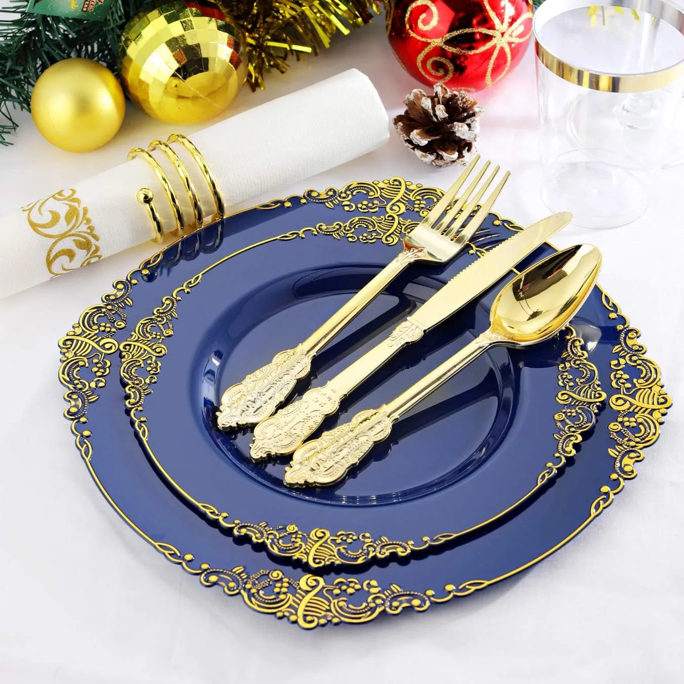 Nervure 175PCS Blue Plastic Plates - Blue Gold Plastic Dinnerware Set Disposable Include 50 Plates for Dinner and Dessert, 25Knives, 25Spoons, 25Forks, 25Cups, 25Napkins for Weddings & Father's Day