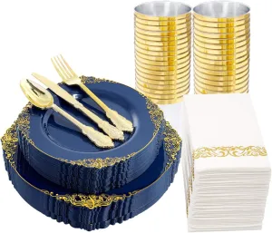 Nervure 175PCS Blue Plastic Plates - Blue Gold Plastic Dinnerware Set Disposable Include 50 Plates for Dinner and Dessert, 25Knives, 25Spoons, 25Forks, 25Cups, 25Napkins for Weddings & Father's Day