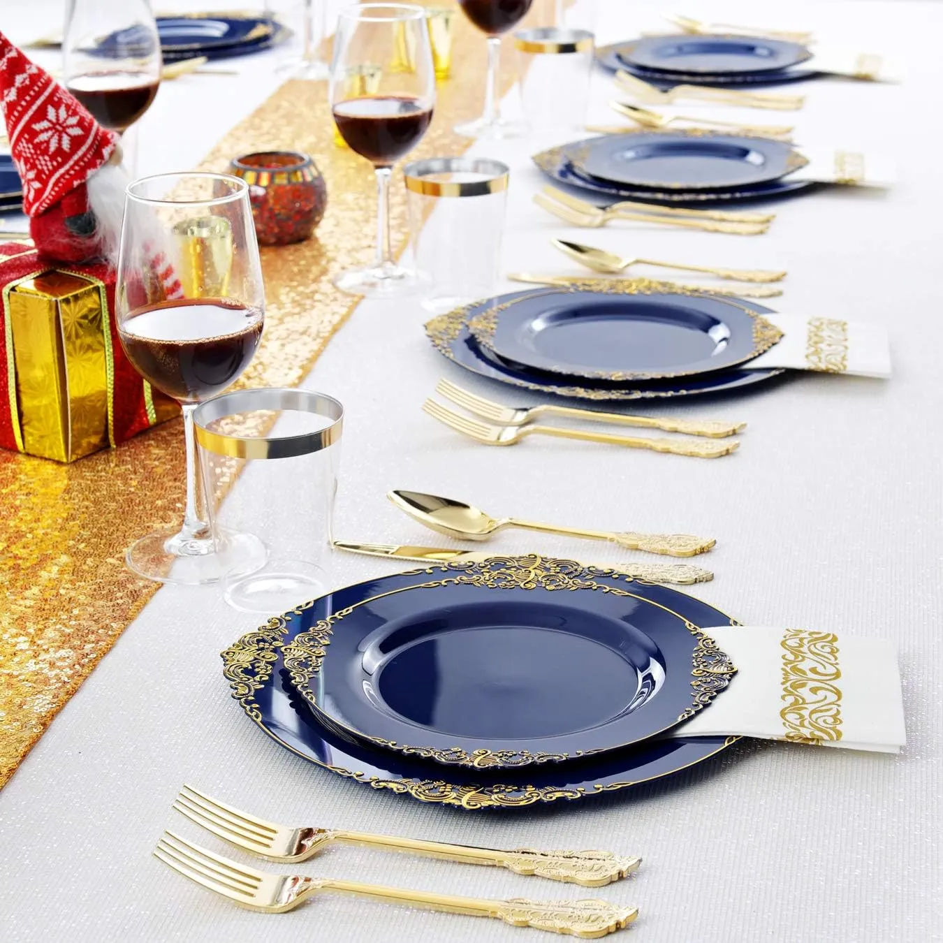 Nervure 175PCS Blue Plastic Plates - Blue Gold Plastic Dinnerware Set Disposable Include 50 Plates for Dinner and Dessert, 25Knives, 25Spoons, 25Forks, 25Cups, 25Napkins for Weddings & Father's Day
