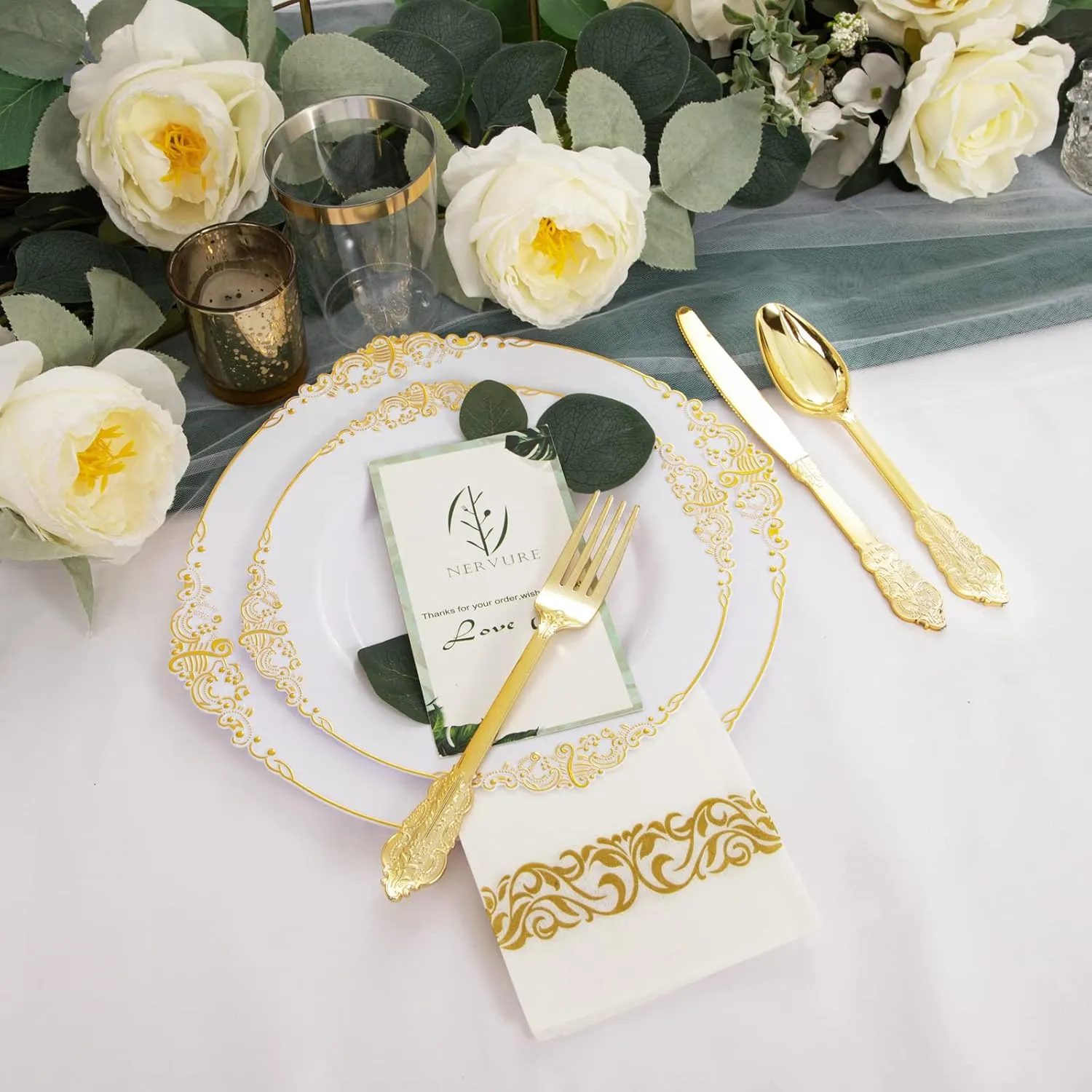 Nervure 175PCS White and Gold Plastic Plates - Disposable Dinnerware Set Include 50 Gold Plates for Dinner and Dessert, 75 Cutlery, 25Cups 25Napkins for Wedding & Party & Father's Day