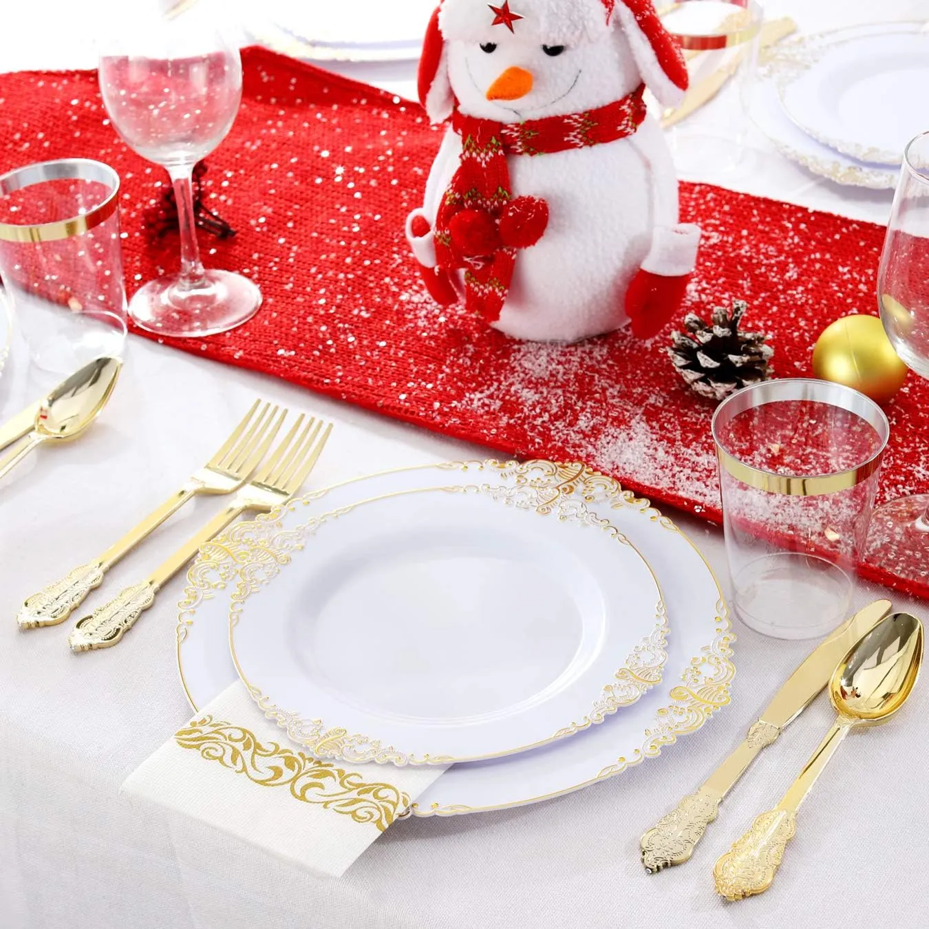 Nervure 175PCS White and Gold Plastic Plates - Disposable Dinnerware Set Include 50 Gold Plates for Dinner and Dessert, 75 Cutlery, 25Cups 25Napkins for Wedding & Party & Father's Day
