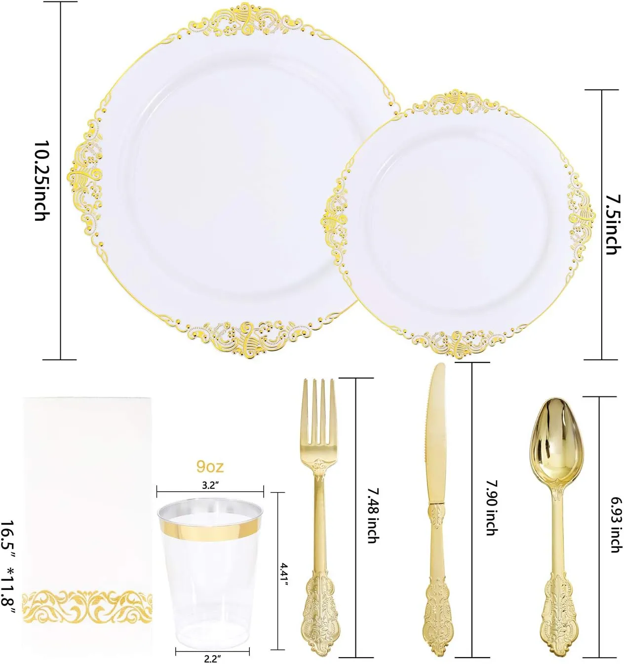 Nervure 175PCS White and Gold Plastic Plates - Disposable Dinnerware Set Include 50 Gold Plates for Dinner and Dessert, 75 Cutlery, 25Cups 25Napkins for Wedding & Party & Father's Day