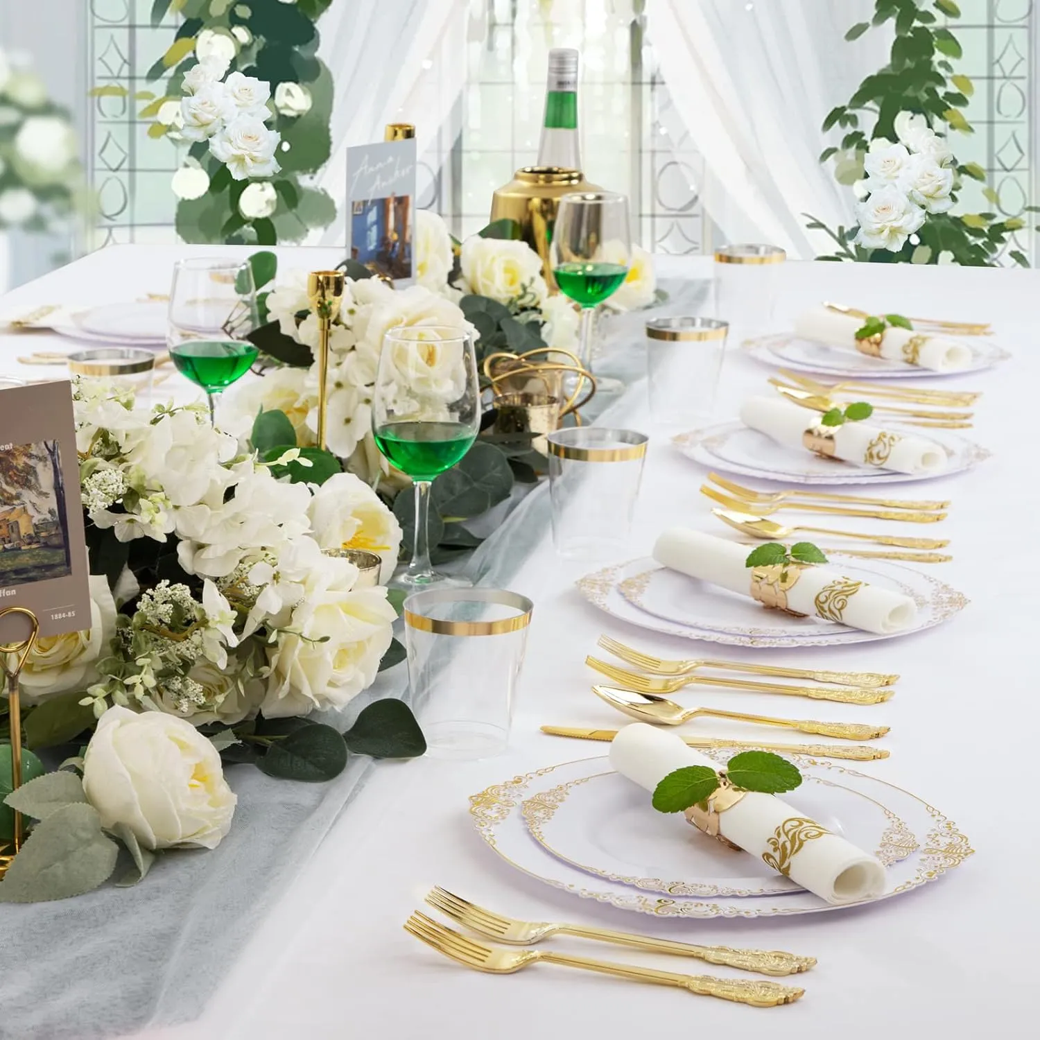 Nervure 175PCS White and Gold Plastic Plates - Disposable Dinnerware Set Include 50 Gold Plates for Dinner and Dessert, 75 Cutlery, 25Cups 25Napkins for Wedding & Party & Father's Day