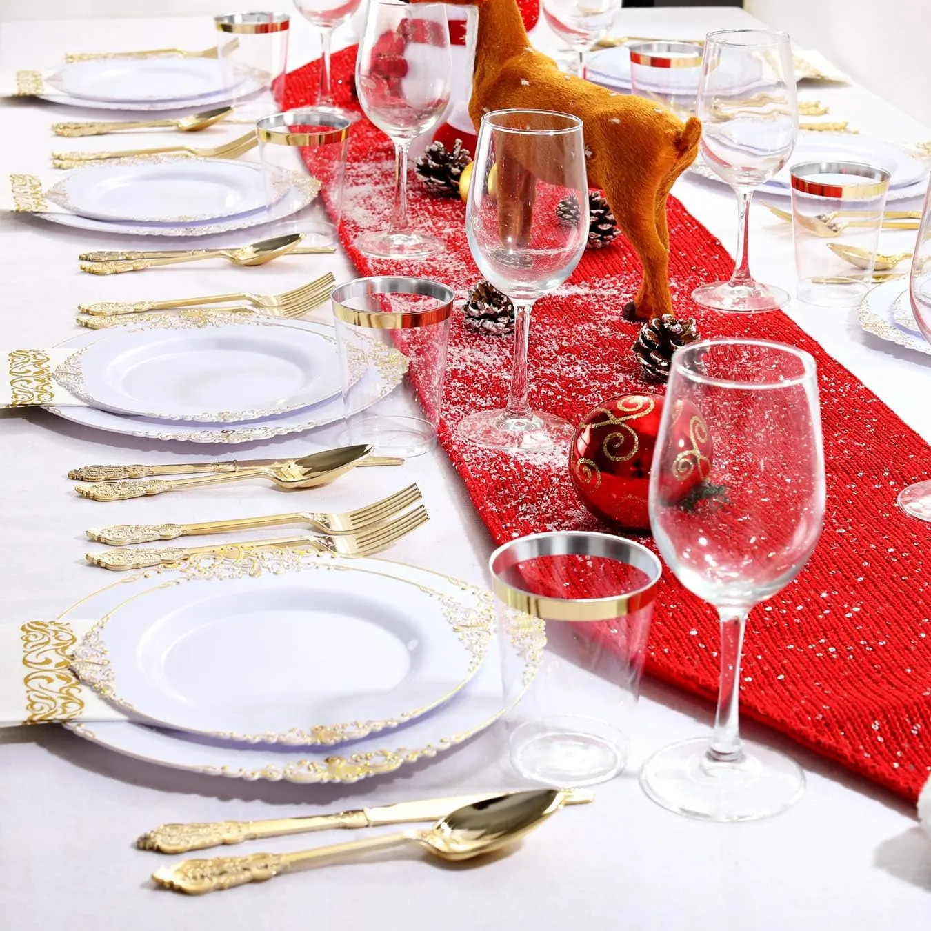 Nervure 175PCS White and Gold Plastic Plates - Disposable Dinnerware Set Include 50 Gold Plates for Dinner and Dessert, 75 Cutlery, 25Cups 25Napkins for Wedding & Party & Father's Day